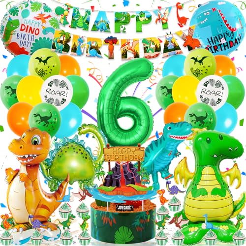 Dino Geburtstag Deko 6 Jahr, Deko Dinosaurier Geburtstag, dino Party Deko 6 Jahr Jungen mit Dino luftballon Zahlenballon 6, Dino Party Folienballon Grün Dschungel Deko für Dino Deko Kindergeburtstag von Zaztytoy