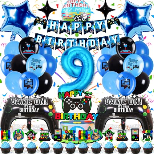 Zaztytoy Videospiel Geburtstag Deko 9 Jahre für Jungen - 43-Teilige Geburtstagsparty Ballon Set in Blau und Schwarz, Hochwertig & Umweltfreundlich, Einfach zu Montieren von Zaztytoy