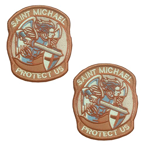 2 Pcs Braun Heiliger Michael Beschütze Uns Patch "Saint Michael Protect US" Modernes Militär Moral Taktisch Flicken Bestickter Aufnäher mit Klettverschluss für Rucksack Jacke Weste Tasche Kappen von Zcketo