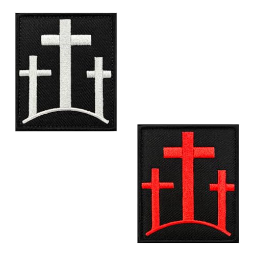 2 Stück Kreuz-Grabstein-Gedenkaufnäher, christlicher bestickter Kalvarienberg, Christus-Kreuz-Aufnäher mit Klettverschluss für Hüte, Mützen, Taschen, Jacken, Rucksäcke von Zcketo