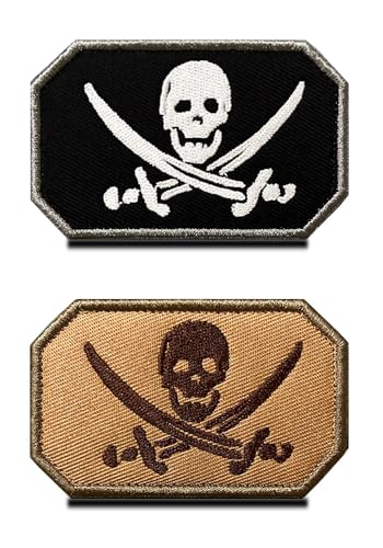 2 Stück Pirat Piratenflagge Militär Bestickte Applikation Verschluss "Pirate Captain Jack" Emblem Patch zum Befestigen an Kleidung Jacken Jeans Hut Weste Hundegeschirr Sammeln von Zcketo