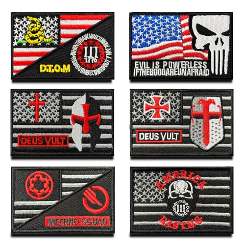 6 Stück USA Flagge Mit Film-Logo Patch- Taktisch Amerika DTOM/Ziele/Kreuz Abzeichen, Bestickter Aufnäher mit Unterstützt, Militär Patch für Rucksäcke Kleidung Taschen Uniform Weste Jersey von Zcketo