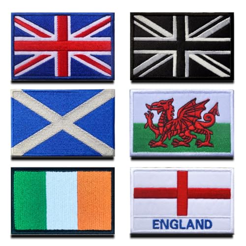 6 Stück taktischer Aufnäher mit britischer Union Jack-Aufnäher, bestickt, Großbritannien, Großbritannien, Schottland, Irland, Wales, England, Emblem, Armband-Applikation für Kleidung, Westen, von Zcketo