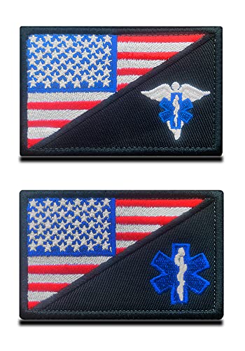 Set mit 2 amerikanischen Flagge/EMT EMS Sanitäter medizinischen Patches Taktischer Kampf Klettverschluss bestickter Patch, EMT Star of Life Medical Patch für Erste-Hilfe-Set Taschen Beutel von Zcketo