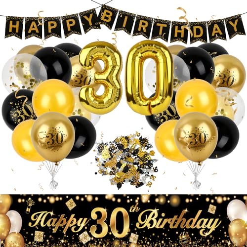 ZeKioen 30 Geburtstag Deko,Deko 30. Geburtstag Junge Mädchen Schwarz Gold Happy Birthday Banner,30 Geburtstag Deko Hintergrund Konfetti Gold 30. Folie Ballons Schwarz Gold Ballons von ZeKioen