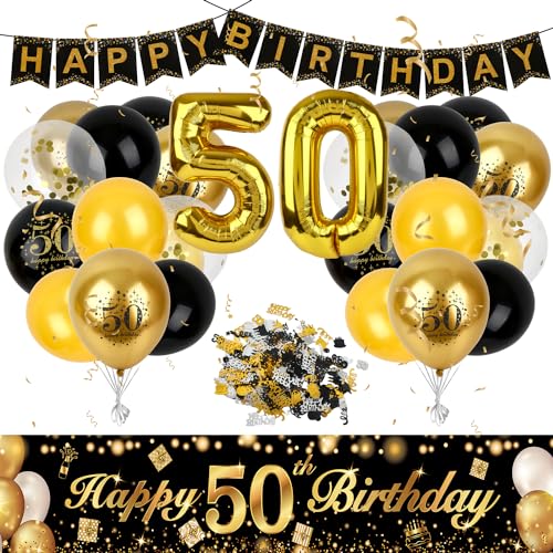 50 Geburtstag Deko,Luftballons 50. Geburtstag Mann Frauen,Geburtstags deko 50 Schwarz Gold,Happy Birthday Banner,50 Geburtstag Deko Hintergrund Konfetti Gold 50. Folie Ballons Schwarz Gold Ballons von ZeKioen
