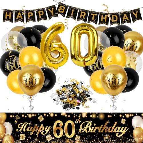 60 Geburtstag Deko, Luftballons 60. Geburtstag Mann Frau, Geburtstags deko 60 Schwarz Gold, Happy Birthday Banner, 60 Geburtstag Deko Hintergrund Konfetti Gold 60. Folie Ballons Schwarz Gold Ballons von ZeKioen