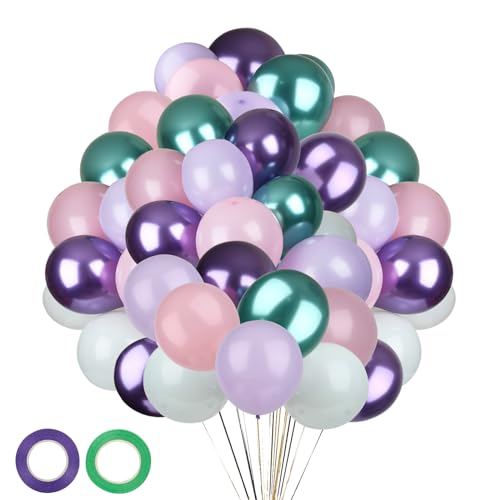 Luftballons Lila Grün,65 Stück 12 Zoll Meerjungfrau Luftballons Metallic Lila Grün Matt Rosa Türkis Violett Meerjungfrau Ballons für Mädchen Geburtstag Party Hochzeit Dekoration von ZeKioen