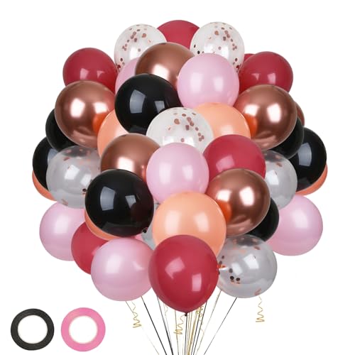 65 Stück Rosa Schwarz Luftballons,12 Zoll Retro Rosa Rot Schwarz Latex Ballons mit Metallic Rosegold Konfetti Ballons, Schwarze Rosa Luftballon für Mädchen Frau Hochzeit Geburtstag Festival Deko von ZeKioen