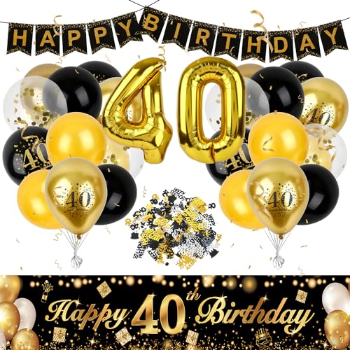 ZeKioen 40 Geburtstag Deko,Deko 40. Geburtstag Junge Mädchen Schwarz Gold Happy Birthday Banner,40 Geburtstag Deko Hintergrund Konfetti Gold 40. Folie Ballons Schwarz Gold Ballons von ZeKioen