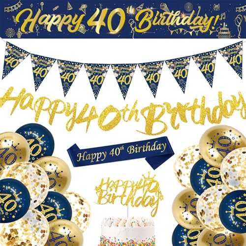 40 Geburtstag Dekorationen Männer, Blau Gold 40 Geburtstag Party Supplies Happy 40th Birthday Banner Dreieck Flagge Wimpelkette 40 Geburtstag Schärpe 18 Stück Luftballons Kuchen Topper für von Zeaicos