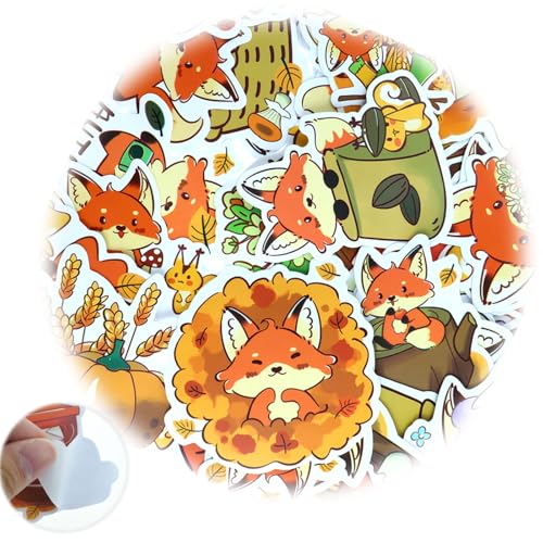 50 Stücke Tiere Aufkleber Kinder, Niedliche Fox Tiere Sticker,Wasserfeste Fuchs Aufklebers, Wiederverwendbar Fox Aufkleber Scrapbook für Laptop Karten Gepäck,Geschenke Fuchs für Kinder von Zeaicos