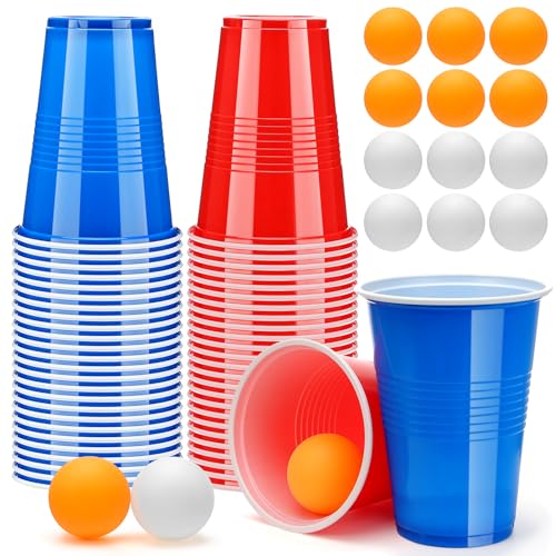 Zeawavsl Bierpong Becher Set, Beer Pong Becher Enthält 50 Becher und 12 Tischtennisbälle, 500ML Beerpongbecher Wiederverwendbare Beerpong Partybecher für Party Trinkspiele Camping Geburtstag Hochzeit von Zeawavsl