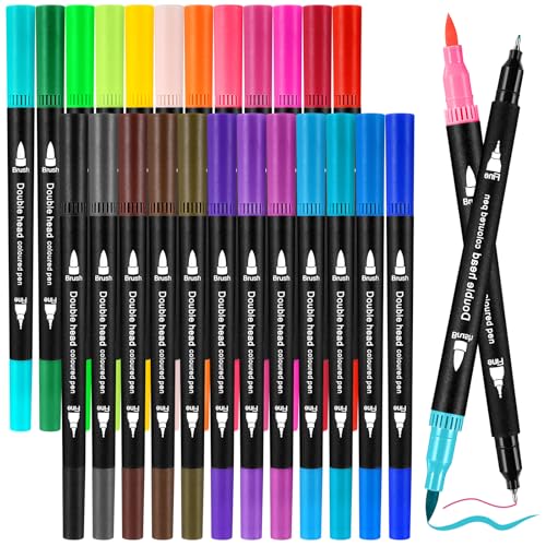 Zeawavsl Dual Brush Pen Set, 24 Farben Pinselstifte Mit Zwei Spitzen, Filzstifte Dicke Und DüNne, FüR Bullet Journal, Handlettering, Kalligraphie Manga Tinte Auf Wasserbasis Doppelfasermaler (24) von Zeawavsl