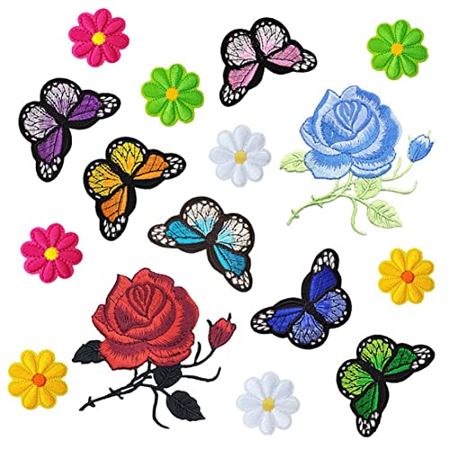 Zeayebsr 16 Stück Schmetterling Bügelflicken Kinder Bügelflicken Jeans Kleidung Patches Sonnenblume Stickerei Bügelflicken von Zeayebsr