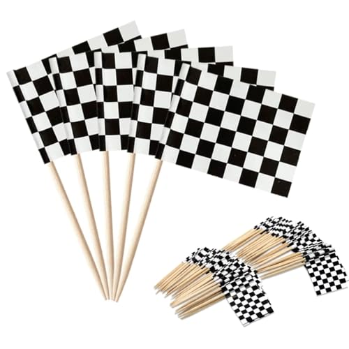 Zeayebsr Karierte Rennflagge Zahnstocher Rennwagen Kuchen Toppers Schwarz und Weiß Karierte Cupcake Picks Flagge Dessert Flaggen Rennwagen-Party Geburtstag Hochzeitsfeier Tisch Dekoration, 100 pcs von Zeayebsr