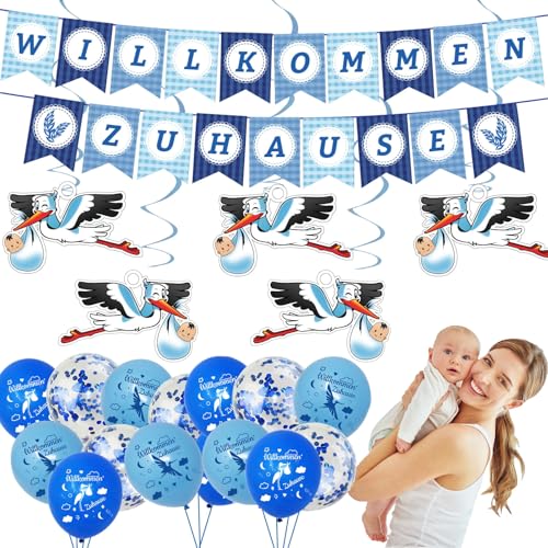 22 Stück Willkommen Zuhause Baby, Willkommen Girlande, Storch zur Geburt, Babyparty Deko Junge, Willkommen Zuhause Girlande, Dekoration für Baby Home Deko Wilkommensdeko von Zeaying