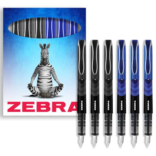 Zebra Fuente Pen Einweg-Füllfederhalter, 6 Stück, schwarze und blaue Tinte, in Zebra-Karton-Geschenkbox von Zebra