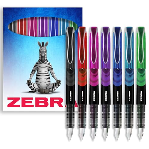 Zebra Fuente Pen Einweg-Füllfederhalter Stifte, 7 Stück, Schwarz, Rot, Rosa, Violett, Blau, Hellblau & Grün, in Zebra-Karton-Geschenkbox von Zebra