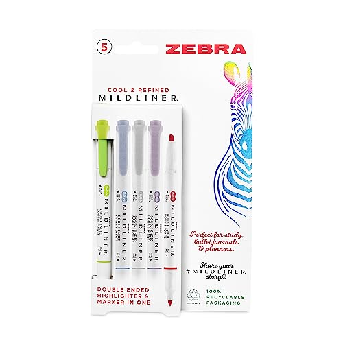 Zebra Pen MILDLINER Textmarker, Pastell-Textmarker für Erwachsene, breite und feine Spitze, Marker und Textmarker, doppelseitige Stifte, 5 Stück, coole und raffinierte Farben von Zebra