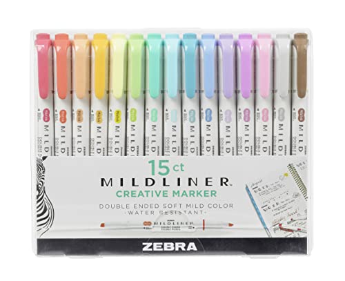 Zebra Pen Textmarker mit doppelter Spitze, Pastell-Textmarker für Erwachsene, breite und feine Spitze, Marker und Textmarker für Komfort, doppelseitige Mildliner-Textmarker, 15 Stück, verschiedene von Zebra Pen