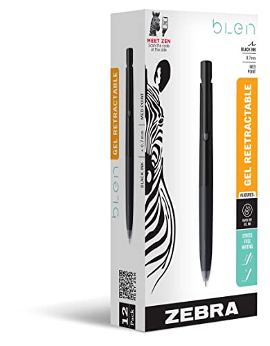 Zebra Pen bLen Retractable Ballpoint Gel Pen, Black Barrel, Medium Point, 0.7mm, Black Ink, 12-Pack von Zebra Pen