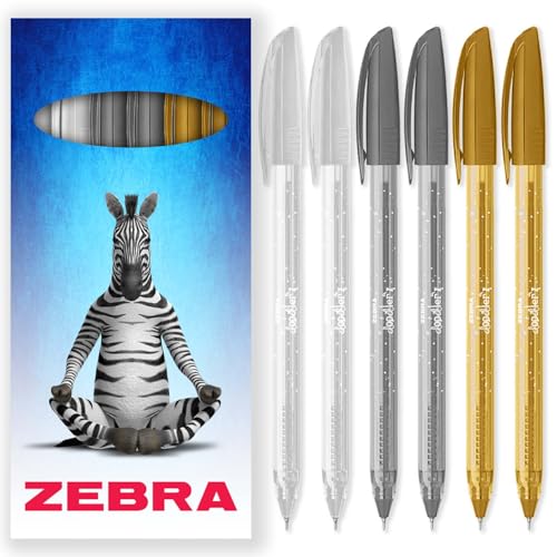 Zebra Doodler'z Metallic-Kugelschreiber, 1,0 mm, Pastellweiß, Glitzer-Silber und Glitzer-Gold-Tinte, 6 Stück, in Geschenkbox aus Karton von Zebra