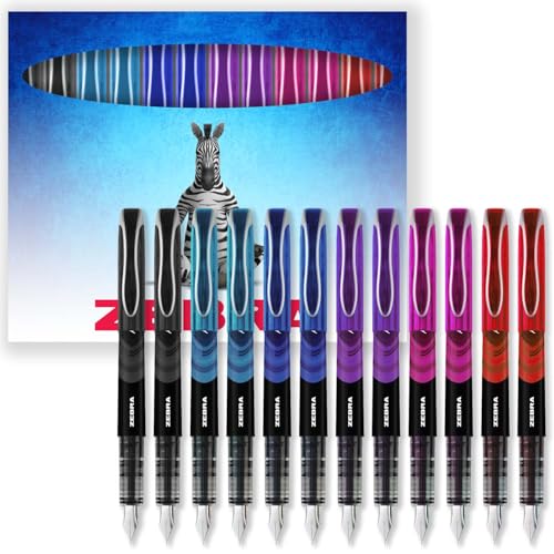 Zebra Fuente Pen Einweg-Füllfederhalter, 12 Stück, schwarz, blau, hellblau, rosa, lila und rote Tinte, in Zebra-Karton-Geschenkbox von Zebra Pen