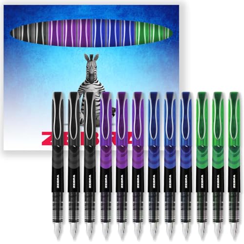 Zebra Fuente Pen Einweg-Füllfederhalter, 12 Stück, schwarz, violett, blau und grün, in Zebra-Karton-Geschenkbox von Zebra