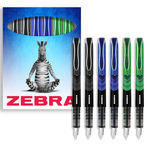 Zebra Fuente Pen Einweg-Füllfederhalter, 6 Stück, schwarze, blaue und grüne Tinte, in Zebra-Karton-Geschenkbox von Zebra