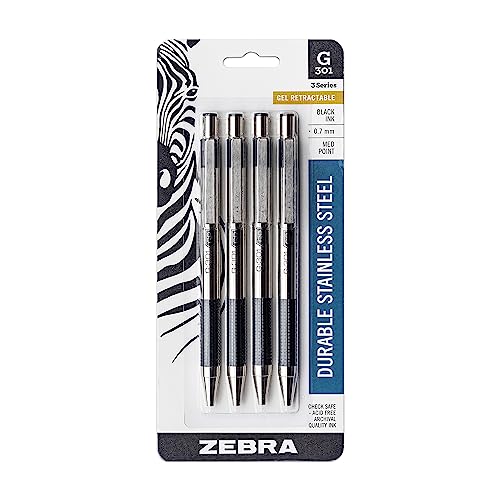 Zebra G-301 Stainless Steel Retractable Gel Pen, Medium Point, 0.7mm, Black Ink, 4-Count von Zebra