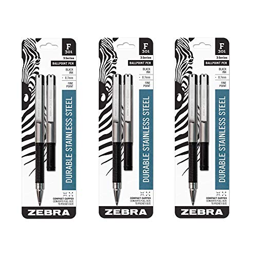 Zebra Pen F-301 Kompakter Kugelschreiber, Edelstahl, einziehbar, feine Spitze, 0,7 mm, schwarze Tinte, 2 Stück (3 Stück) von Zebra