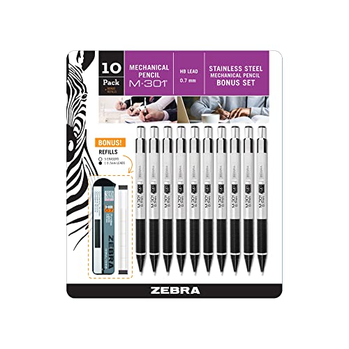 Zebra Pen M-301 Edelstahl-Druckbleistift, Premium-Metallschaft, mittlere Spitze, 0,7 mm, schwarzer Griff, 10er-Pack plus Mine und Radiergummi, (54319) – (48 Packungen, insgesamt 480 Stück) von Zebra