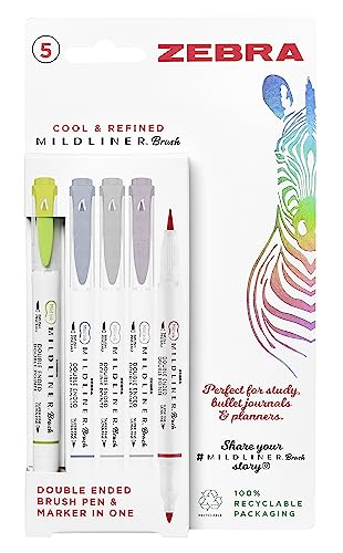 Zebra Pen MILDLINER Dual Tip Pinselstifte, Filzstifte für Erwachsene, Rundspitze und Pinselspitze für Stil und Komfort, doppelseitige Mildliner-Malstifte, coole und raffinierte Farben, 5 Stück von Zebra Pen