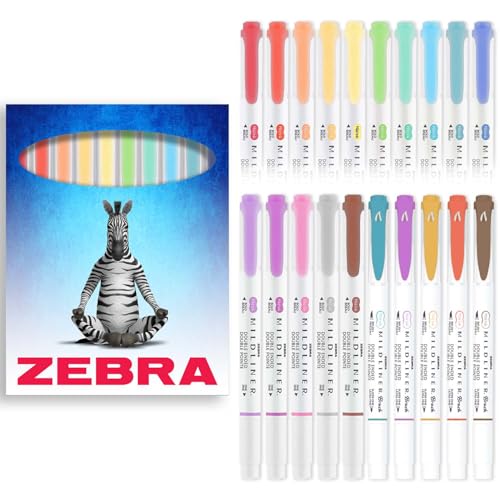 Zebra Pen Mildliner Creative Marker Textmarker, 15 x Doppelendige Meißel & Rundspitze + 5 x doppelseitige Pinsel & Rundspitze, tief und warm, Set mit 20 Stiften in Kartonhüllen von Zebra