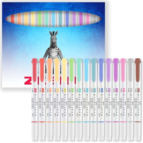 Zebra Pen Mildliner Doppelspitzen-Textmarker, breite und feine Spitze, doppelseitige Marker, Packung mit 15 Farben in Geschenkbox aus Karton, säurefreie und ungiftige Tinte von Zebra