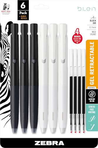 Zebra Pen bLen Retractable Ballpoint Gel Pen, Black and White Barrel, Medium Point, 0.7mm, Black Ink, 6-Pack with 4 Refills von Zebra