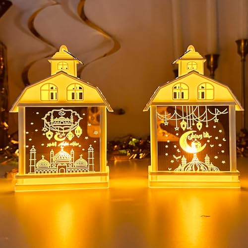 2 Stück Ramadan Deko Laterne, Eid Mubarak Dekoration Laterne, Ramadan Laterne mit Warmweiß LED Licht, Ramadan Mubarak Dekoration Mond Laterne, Ramadan Tischdeko Windlicht für Muslimische Deko (Weiß) von Zecnaud