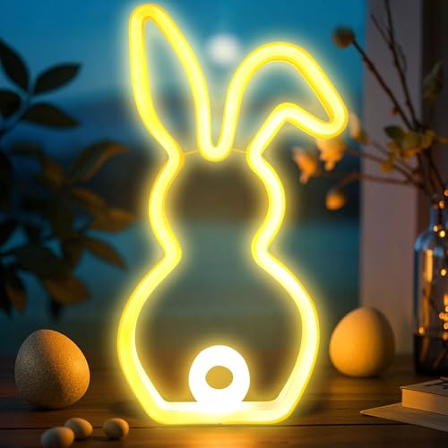 Osterdeko Hasen mit LED Lichter, 28cm LED Neon Osterhase aus Stehend, Ostern Deko Hasen Figuren, LED Osterhasen Deko Figuren, Oster Deko Hase aus Kunststoff für Frühlingsdeko Ostern Tisch Deko (Gelb) von Zecnaud