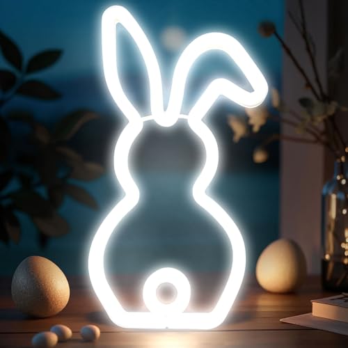 Osterdeko Hasen mit LED Lichter, 28cm LED Neon Osterhase aus Stehend, Ostern Deko Hasen Figuren, LED Osterhasen Deko Figuren, Oster Deko Hase aus Kunststoff für Frühlingsdeko Ostern Tisch Deko (Weiß) von Zecnaud