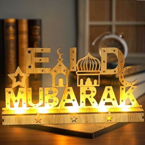 Ramadan Deko Lampe Holz LED Eid Mubarak Dekoration, 30*4,5*15,6cm Groß Ramadan Lichter Mond Stern Schloss Islam Mubarak Dekoration Lampe, Ramadan Tischdeko Windlicht für Muslimische Festival Deko (C) von Zecnaud