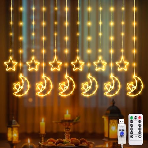 Ramadan Deko Lichterkette, 3.5M Ramadan Dekoration Lichtervorhang, LED Mond Sterne Lichterkette mit Timer & Fernbedienung, 8 Modi, USB Ramadan Lichterkette Fenster Innen Außen für Party Fenster von Zecnaud