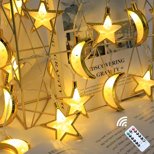 Ramadan Deko Lichterkette, 3M 20 LED Lichterkette mit Timing Funktion, 8 Lichtmodi, Ramadan Lichterkette Gold Stern Mond Eid Mubarak Dekoration Lichterketten Warmweiß für Ramadan Deko (Stern Mond) von Zecnaud