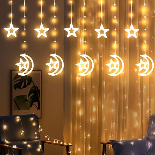 Ramadan Deko Lichterkette, 3M LED Lichterkette Innen mit 8 Lichtmodi, Timing Funktion, Ramadan Lichtvorhang Stern Mond Eid Mubarak Dekoration Lichterketten Warmweiß für Islam Deko (Mond) von Zecnaud