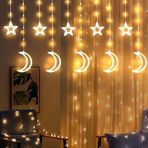 Ramadan Deko Lichterkette, 3M LED Lichterkette Innen mit 8 Lichtmodi, Timing Funktion, Ramadan Lichtvorhang Stern Mond Eid Mubarak Dekoration Lichterketten Warmweiß für Islam Deko (Mond Stern) von Zecnaud