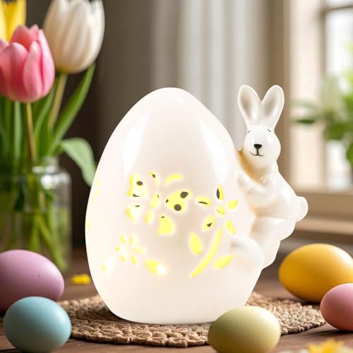 Zecnaud Ostereier mit LED Licht aus Keramik, Osterdeko Beleuchtet Ostereier, LED Ostereier aus Keramik, Frühlingsdeko Eier Ostern Deko Lichter Batteriebetrieben für Osterdeko Innen Tischdeko (F) von Zecnaud