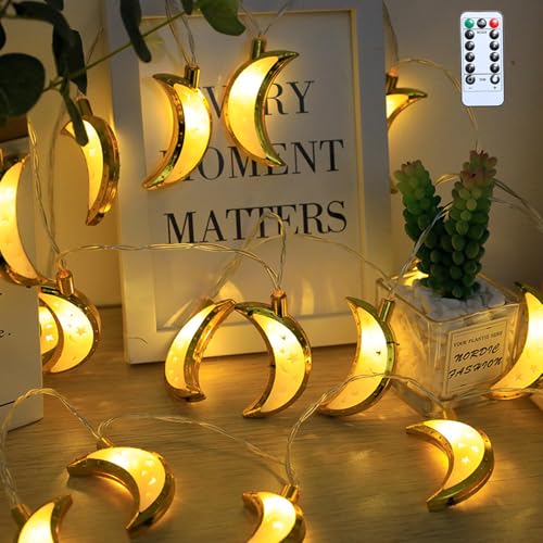 Zecnaud Ramadan Deko Lichterkette, 3M 20 LED Lichterkette mit Timing Funktion, 8 Lichtmodi, Ramadan Lichterkette Gold Stern Mond Eid Mubarak Dekoration Lichterketten Warmweiß für Ramadan Deko (Mond) von Zecnaud