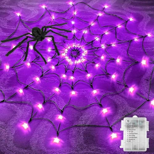 Halloween Spinnennetz Lichter,Halloween Deko Lichterkette,70 LED Spinnennetz Licht mit Spinne,Halloween Lichterkette,String Light für Halloween,Netzlichter Deko für Garten Indoor Outdoor ﻿ von ZeiLaBang Kakadi