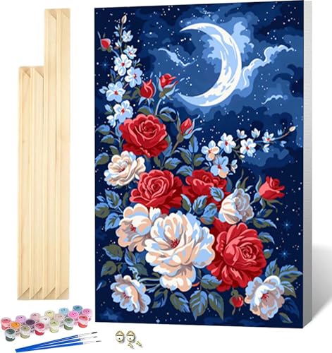 Malen Nach Zahlen Erwachsene Blume Malen Nach Zahlen Erwachsene mit Rahmen, Paint by Numbers Mond Paint by Numbers Adult mit 3 Pinseln und Acrylfarben für Zimmer Deko, Geschenke 40 x 60 cm -9055 von Zeipopge