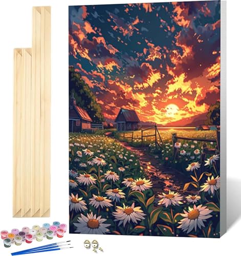 Malen Nach Zahlen Erwachsene Chrysantheme Malen Nach Zahlen Erwachsene mit Rahmen, Paint by Numbers Sonnenuntergang Paint by Numbers Adult mit 3 Pinseln und Acrylfarben für Zimmer Deko (20x30cm) -7927 von Zeipopge